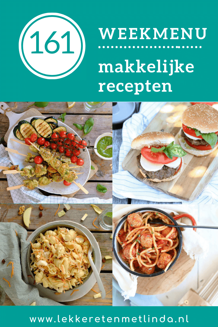 Weekmenu 161 makkelijke recepten geschikt voor het hele gezin. Gebruik de planner als inspiratie voor het avondeten met deze week zomerse recepten: Italiaanse kip spiespjes, hamburger recepten, pastasalade en een pastasaus met balletjes. #inspiratie #weekmenu #avondetenade met garnalen.#inspirati