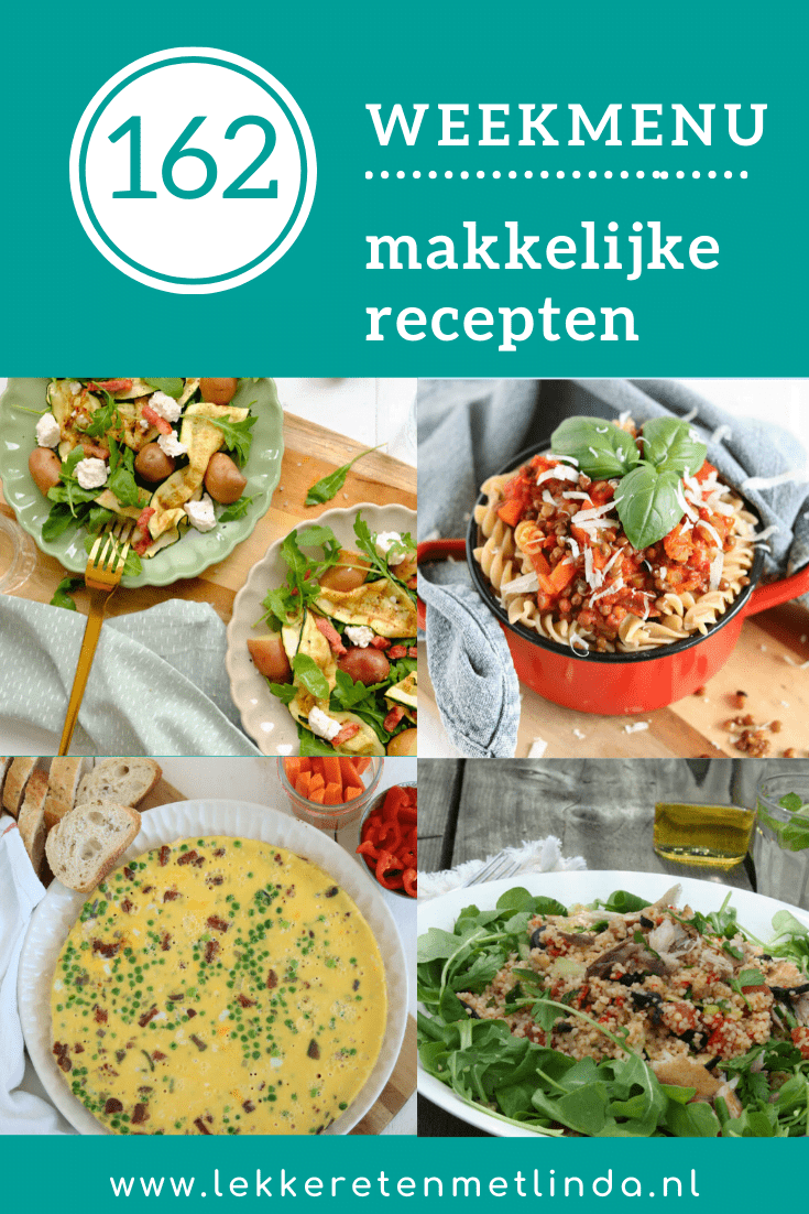 Weekmenu planner 162 met makkelijke recepten voor het avondeten. Deze week kun je o.a. twee maaltijdsalades maken, een vega bolognese en een frittata.