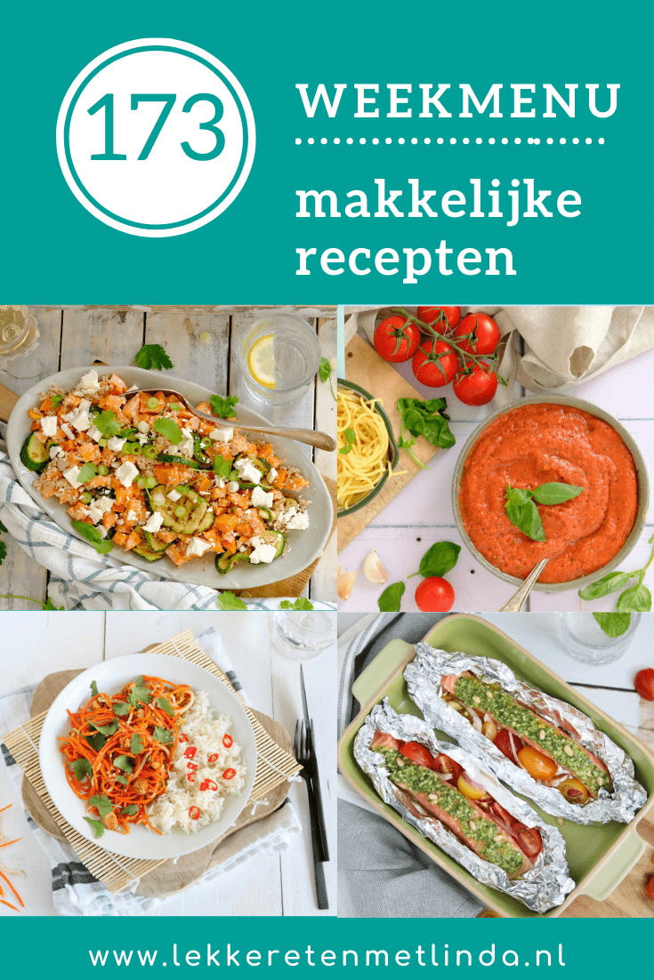 Weekmenu makkelijke recepten met deze week een snelle pastasaus uit de blender, zalmpakketjes uit de oven, zoete aardappelsalade en een rijstmaaltijd.
