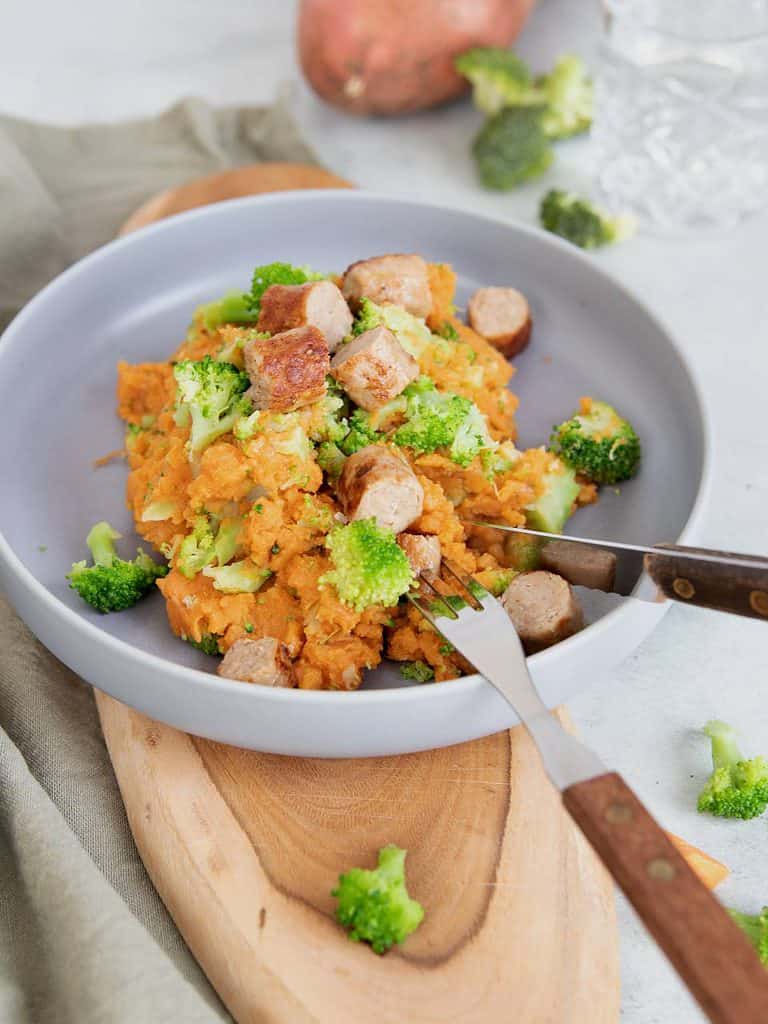 Zoete aardappel stamppot met broccoli