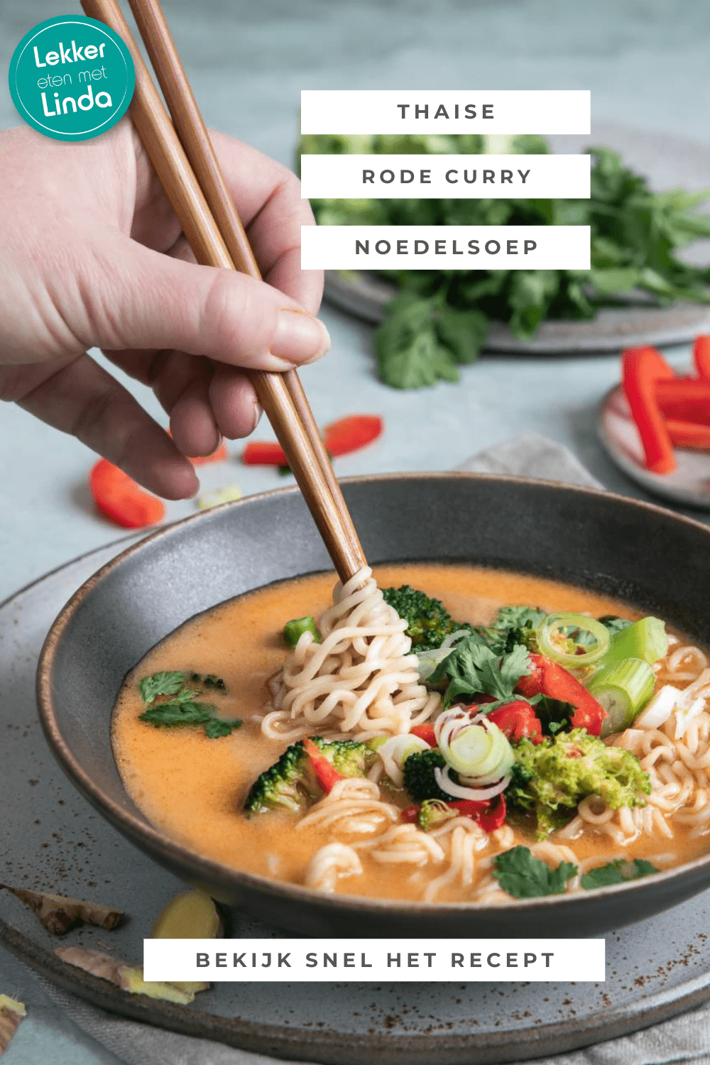 Rode curry noedelsoep met groente, thaise noedelsoep vegetarisch, rode curry soep