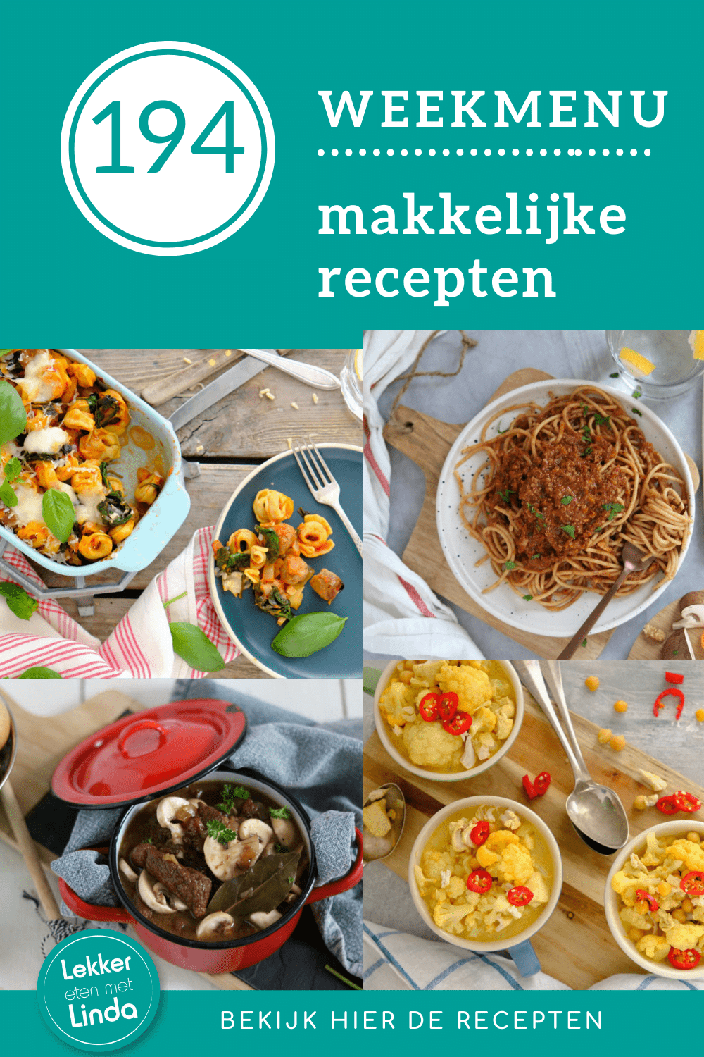 Weekmenu makkelijke recepten 194 met deze week voor het avondeten: draadjesvlees, tortellini uit de oven, pita falafel en Indiase kippensoep