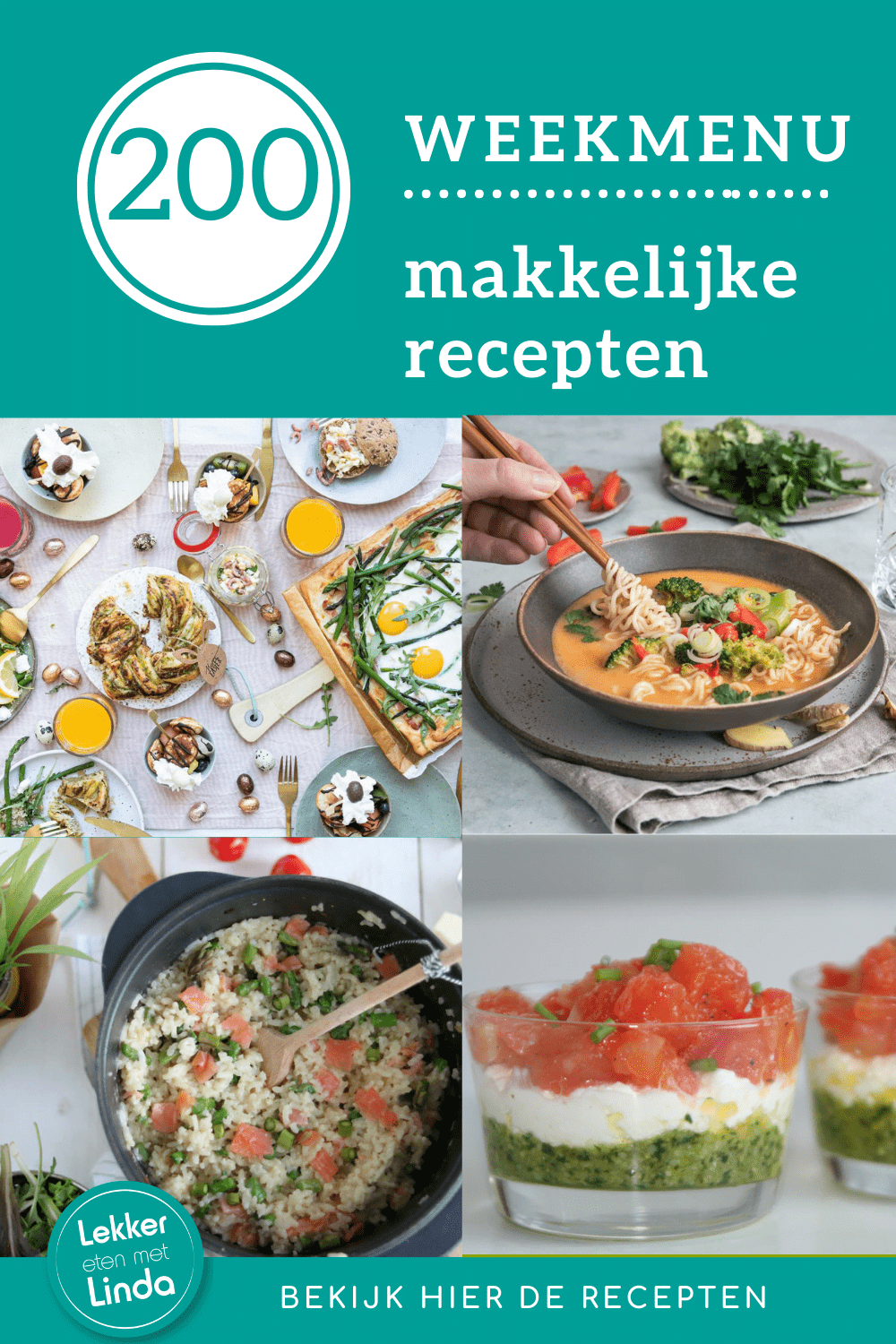 Weekmenu makkelijke recepten voor het gezin editie 200. Met deze week inspiratie voor Pasen met brunchreceptn en amuses. Maar ook een rode curry noedel soep, risotto uit de oven en een pasta met zalm en avocado.