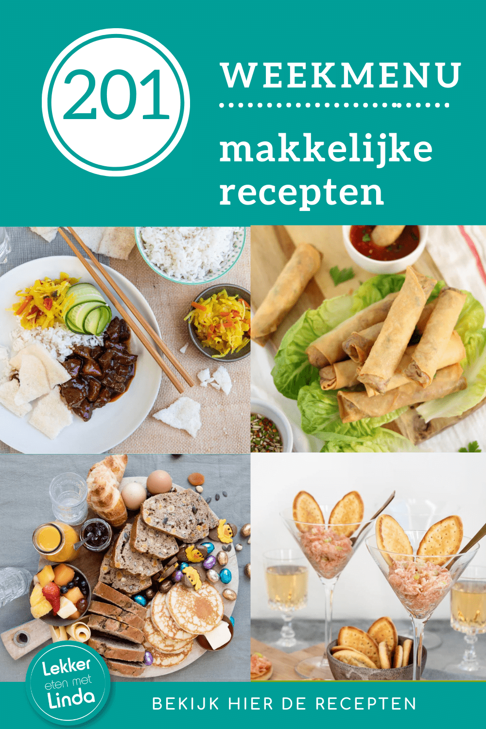 Weekmenu makkelijke recepten voor het avondeten 201 met Aziatische gerechten zoals babi pangang, gado gado, kip tandoori en Vietnamese loempia's. Daarbij inspiratie voor Pasen met een breakfast board met zelgemaakt brood en een amuse met zalm.