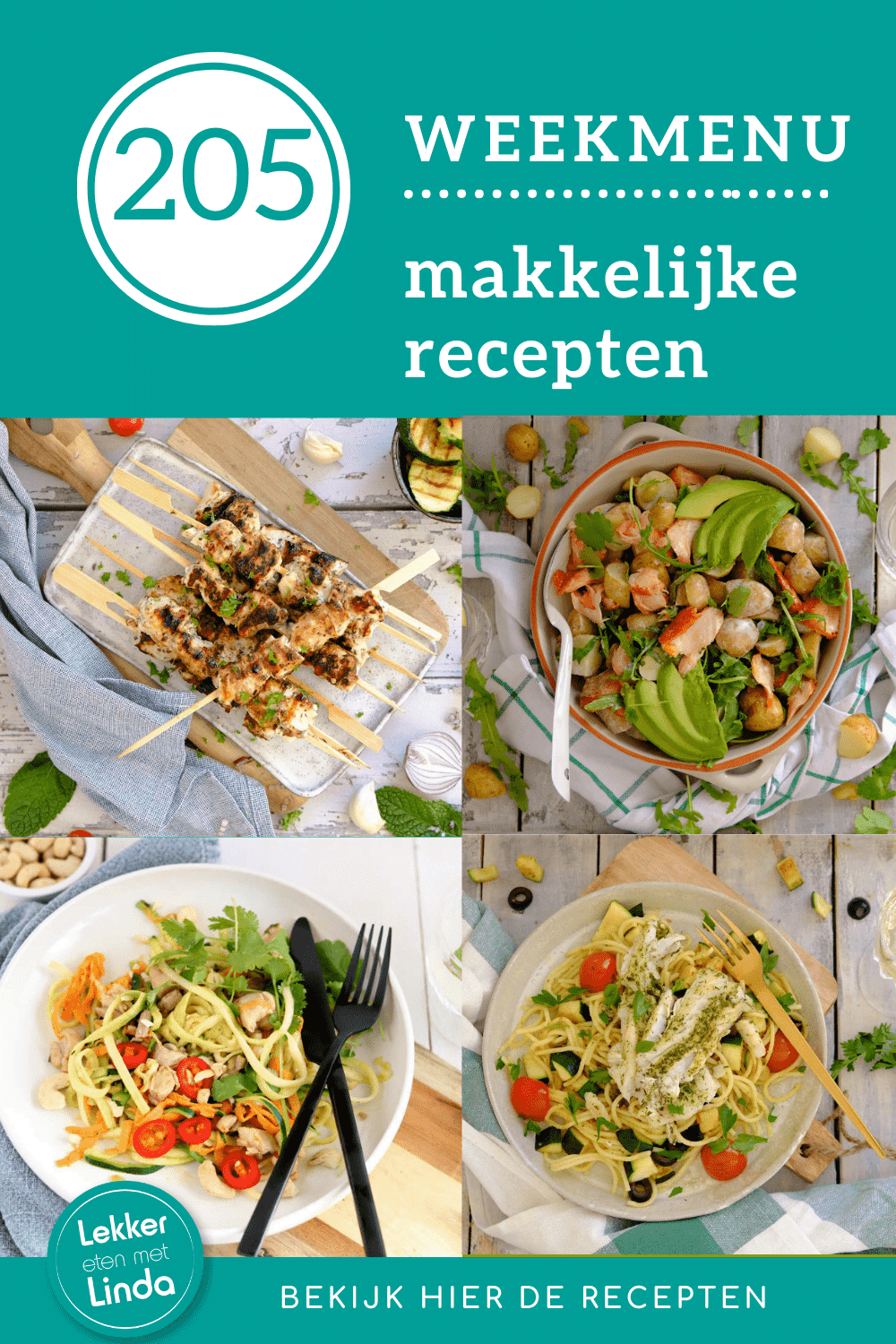 Lekker eten met Linda weekmenu met makkelijke recepten voor het avondeten. Deze week op de eetplanning: kip gyros spiesjes, Thaise kip, spaghetti met kabeljauw, vega pilav met bonen en een Aziatische krieltjessalade.