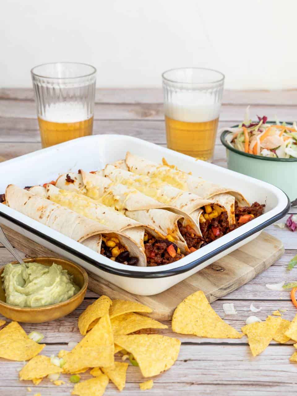 Wraps met gehakt in de oven voor een lekkere knapperig korstje met kaas.