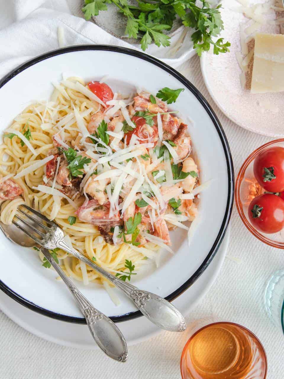 Spaghetti met romige garnalensaus