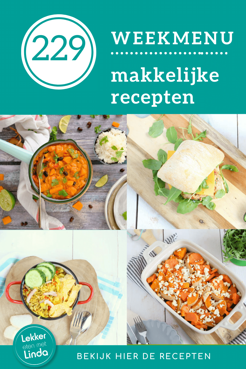 Weekmenu recepten voor het avondeten. Herfst recepten zoete aardappel stoofpot, ovenschotel met pompoen en kruidige nasi goreng.