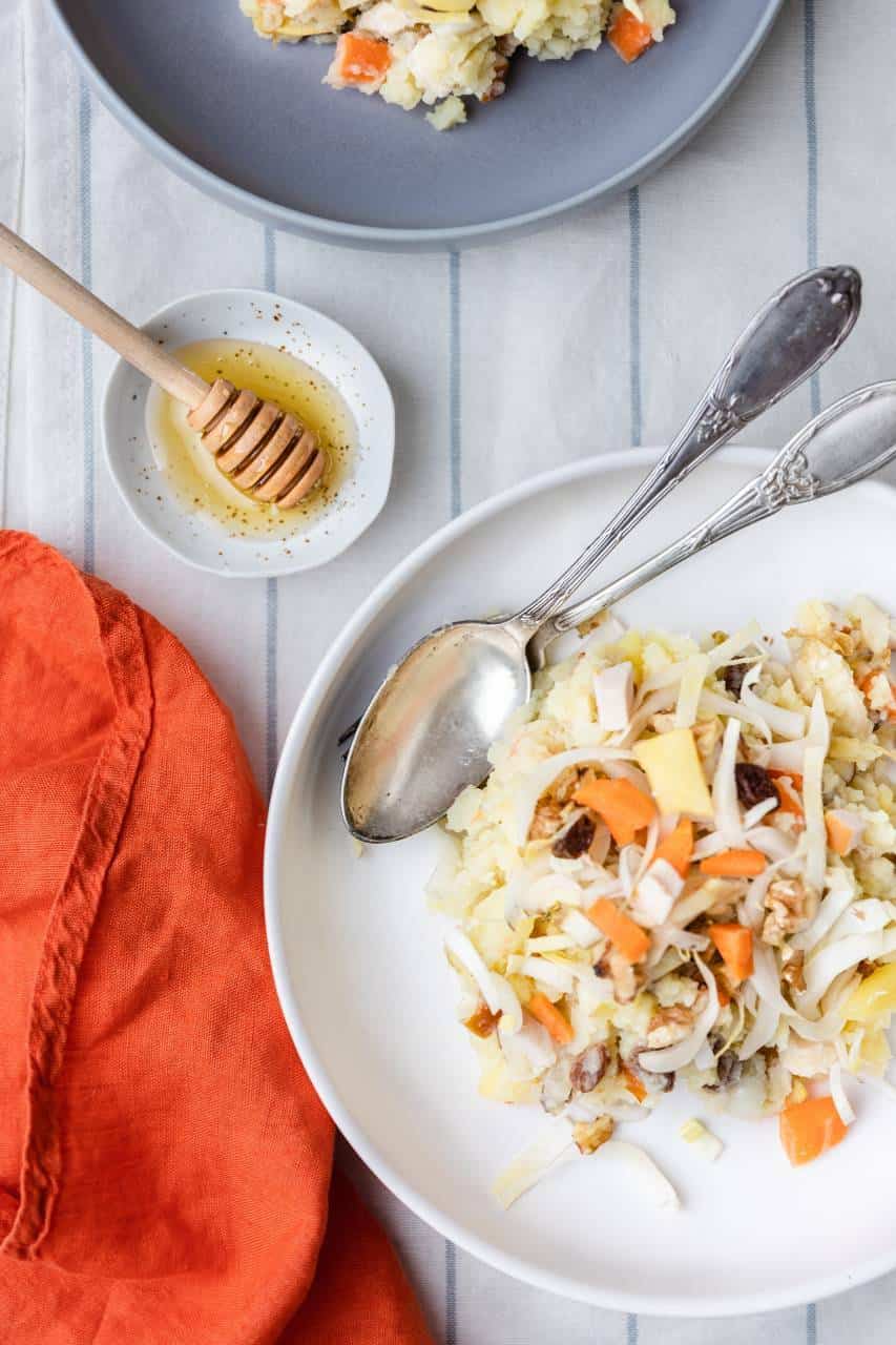 Stamppot met witlof en appel gebakken in honing