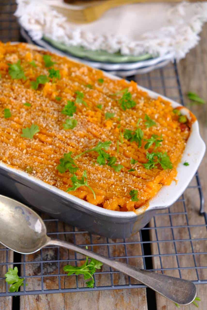 Vegan Shepherds pie, een ovenschotel zonder gehakt of melk voor de aardappelpuree