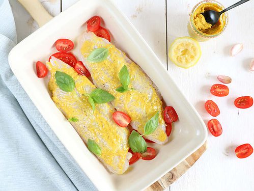 witvis filet met mosterdsaus