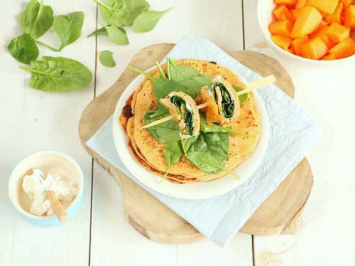 pompoen wraps met geitenkaas en spinazie