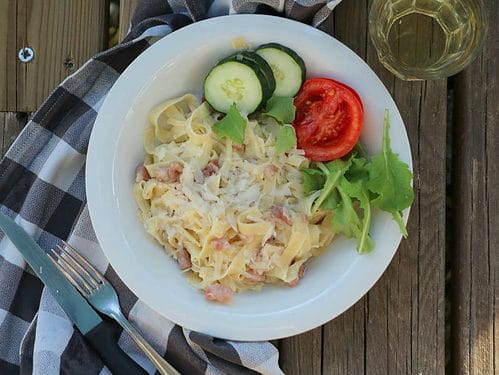 pasta carbonara voor op de camping