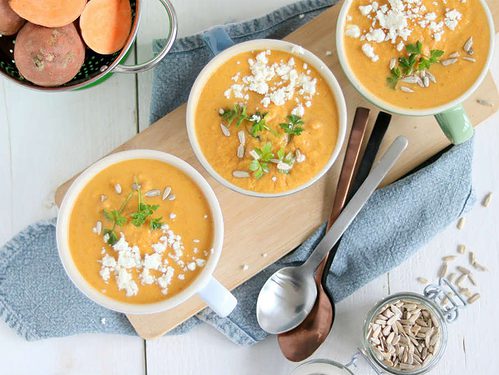 Zoete aardappel soep met feta
