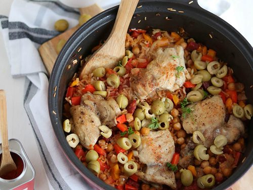 Spaanse kip met rijst uit de oven