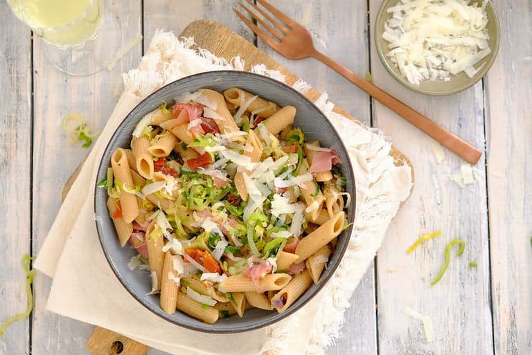 Pasta met prei en ham