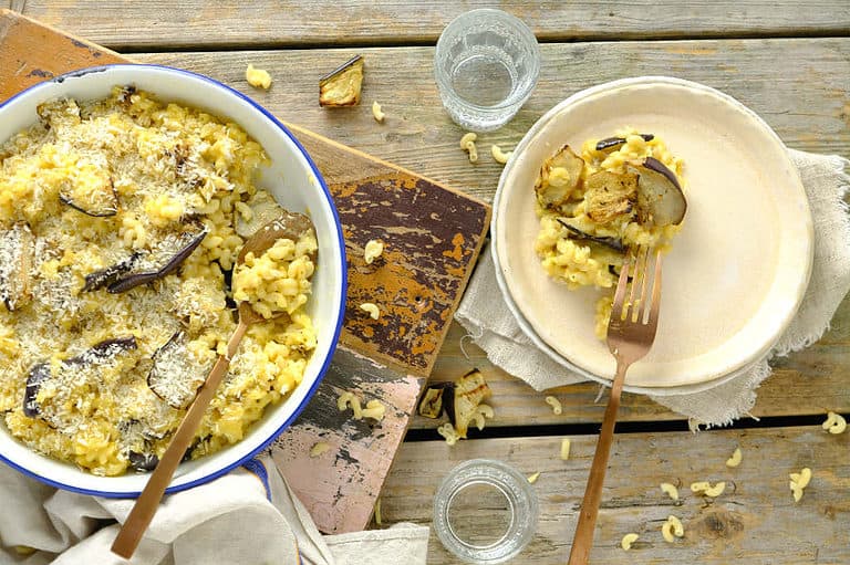 Mac en cheese met aubergine