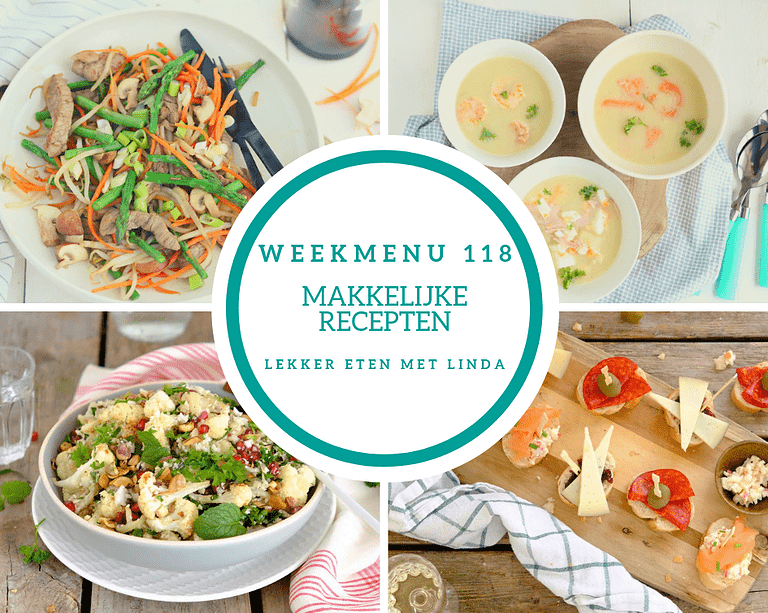 Weekmenu 118 met makkelijke recepten voor het hele gezin met deze week een bloemkoolsalade, zoete aardappel stamppot, aspergesoep en pinchos.