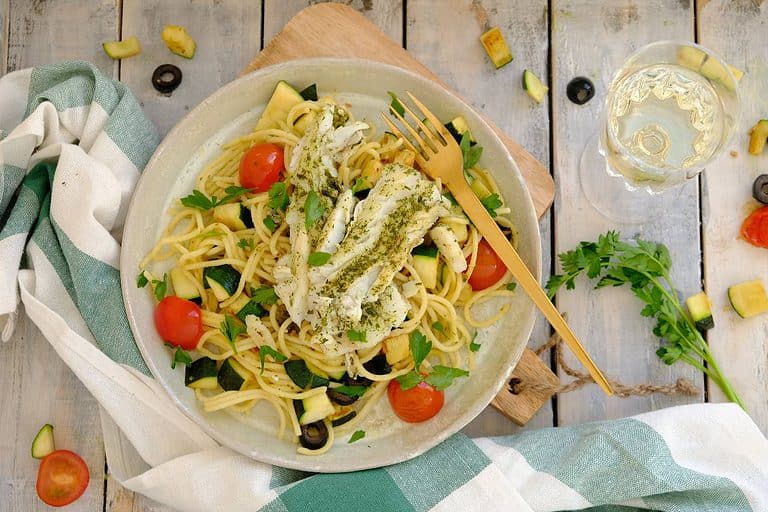 Spaghetti met kabeljauw en courgette