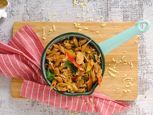 Kip fajitas pasta, een eenpansgerecht.