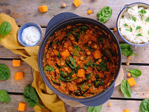 Pompoen curry met linzen en rijst
