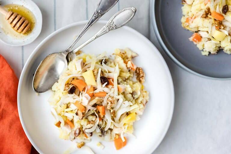 Stamppot met witlof en appel gebakken in honing