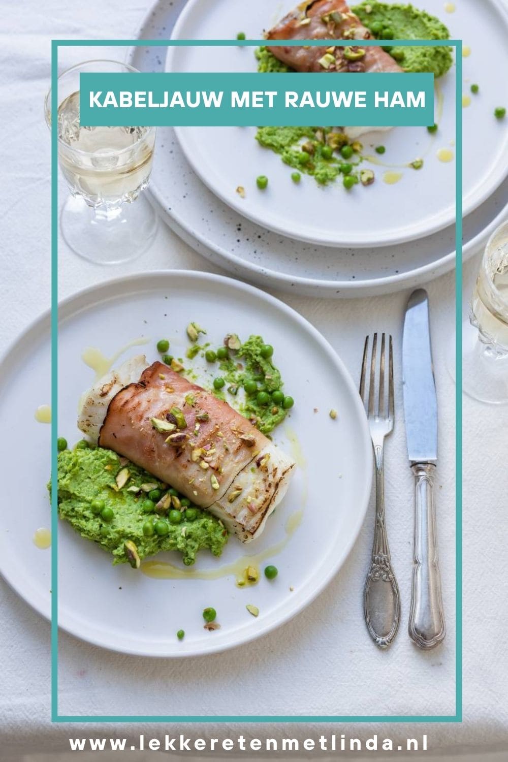 Kabeljauw met rauwe ham. Makkelijk hoofdgerecht met weinig ingrediënten.